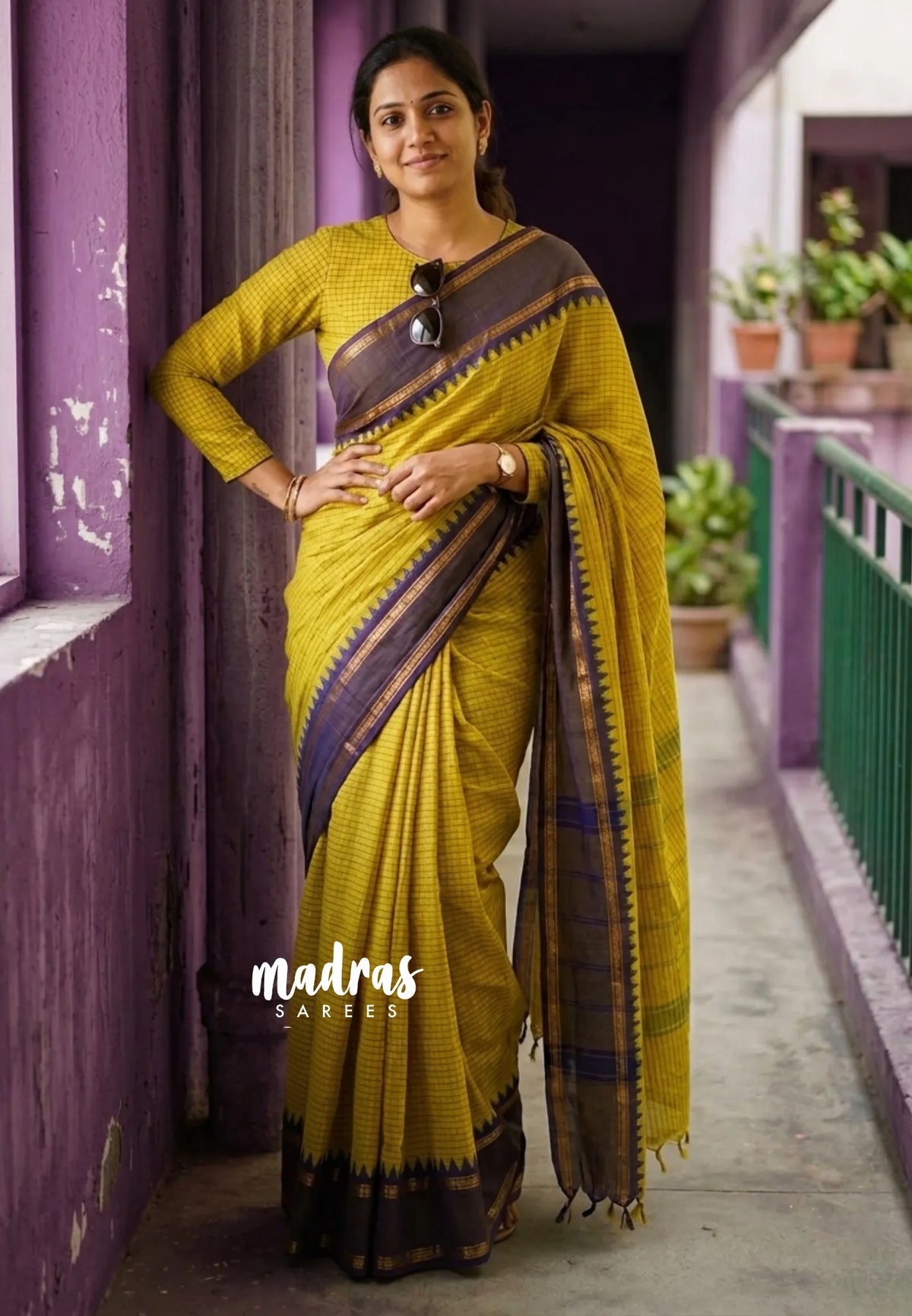 Greenish Yellow -  Karthigai silk cotton rettapeta border with muthu kattam