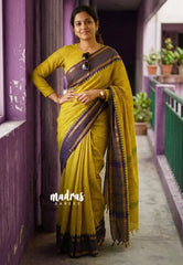 Greenish Yellow -  Karthigai silk cotton rettapeta border with muthu kattam