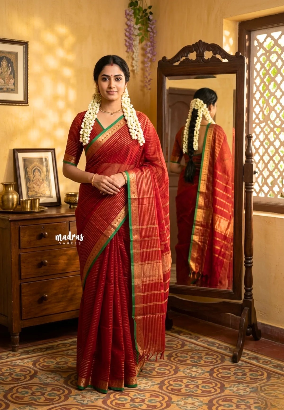 Kumkum Maroon - Karthigai silk cotton with golden stripes weaving