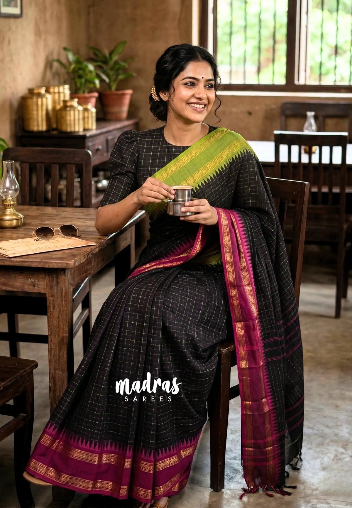 Karthigai silk cotton plus buttas body with ganga jamuna border - Black