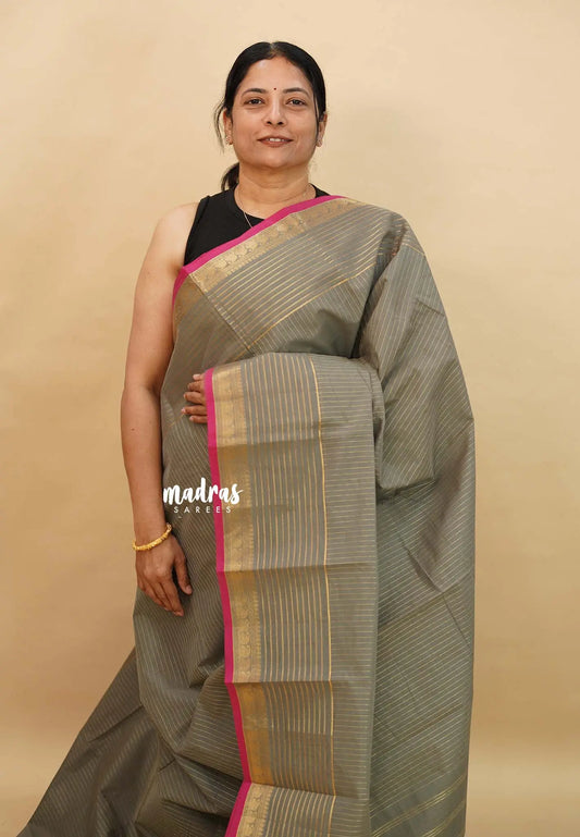 Grey - Karthigai silk cotton with golden stripes weaving