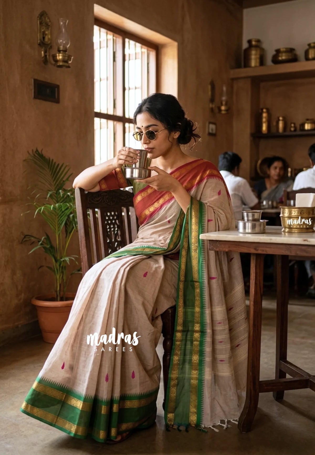 Karthigai silk cotton Rudhraksham Ganga Jamuna border  - Beige color