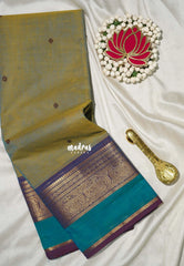 Dual Shade Pastel Green - Karthigai silk cotton Round Peacock and Skirt Border with buttas - Best for Wedding Functions