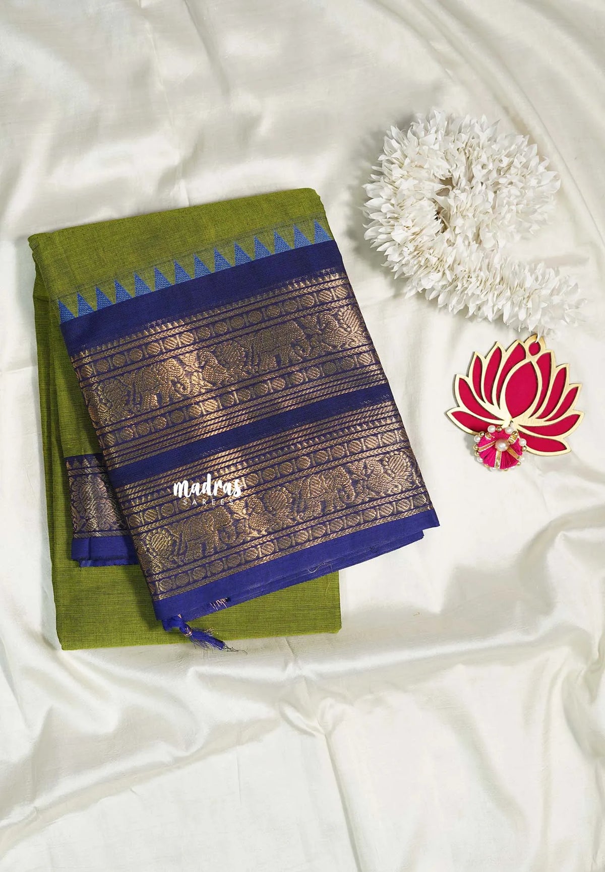 Mehendi Olive - Karthigai silk cotton plain body annam yanai double border - Best for Wedding Functions