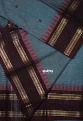 Metalic Blue - Karthigai Mercerised Cotton Rettapet Border with Buttas - Best for Temple Visit | Pooja Funtions