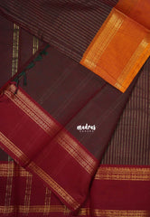 Deep Maroon - Karthigai Mercerised Cotton Saree Zari Stripes with Ganaga Jamuna Border - Best for Temple Visit | Pooja Funtions