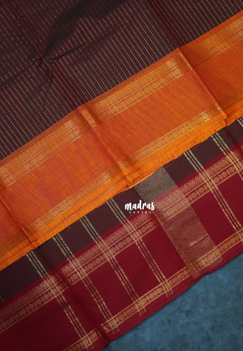 Deep Maroon - Karthigai Mercerised Cotton Saree Zari Stripes with Ganaga Jamuna Border - Best for Temple Visit | Pooja Funtions