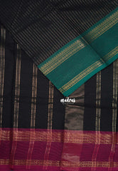 Classic Black - Karthigai Mercerised Cotton Saree Zari Stripes with Ganaga Jamuna Border - Best for Temple Visit | Pooja Funtions