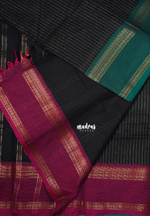 Classic Black - Karthigai Mercerised Cotton Saree Zari Stripes with Ganaga Jamuna Border - Best for Temple Visit | Pooja Funtions