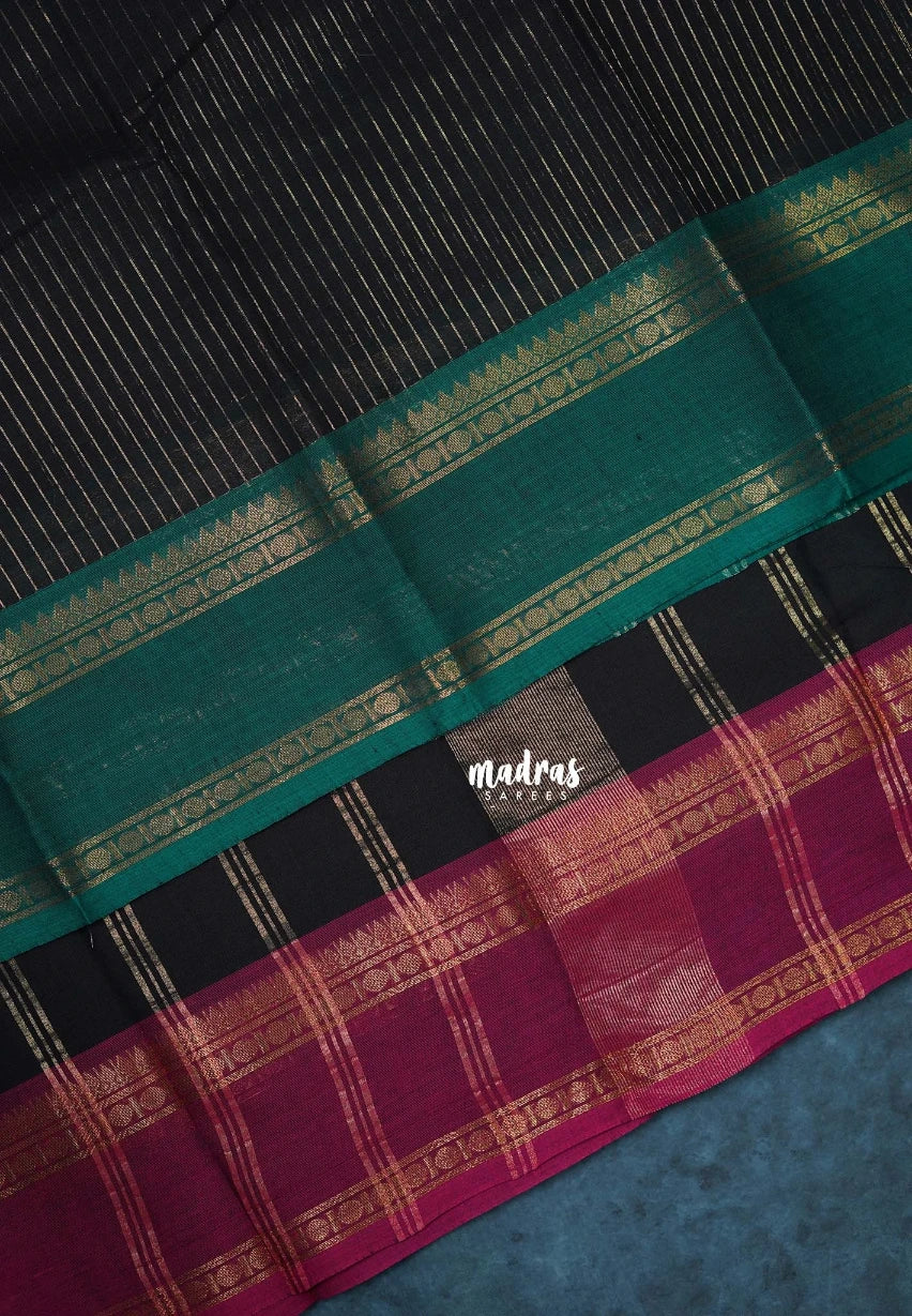 Classic Black - Karthigai Mercerised Cotton Saree Zari Stripes with Ganaga Jamuna Border - Best for Temple Visit | Pooja Funtions