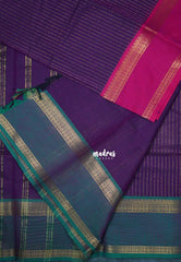 Dark Purple - Karthigai Mercerised Cotton Saree Zari Stripes with Ganaga Jamuna Border - Best for Temple Visit | Pooja Funtions