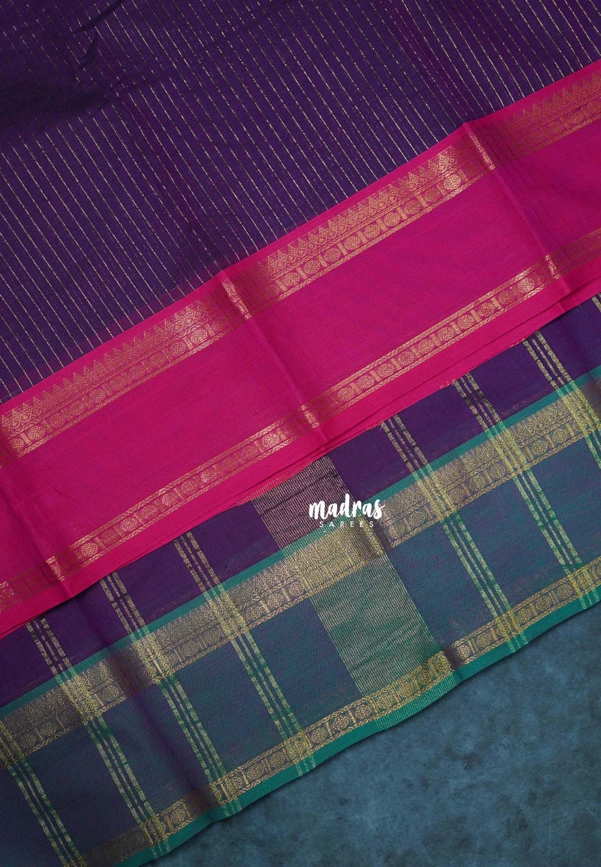 Dark Purple - Karthigai Mercerised Cotton Saree Zari Stripes with Ganaga Jamuna Border - Best for Temple Visit | Pooja Funtions