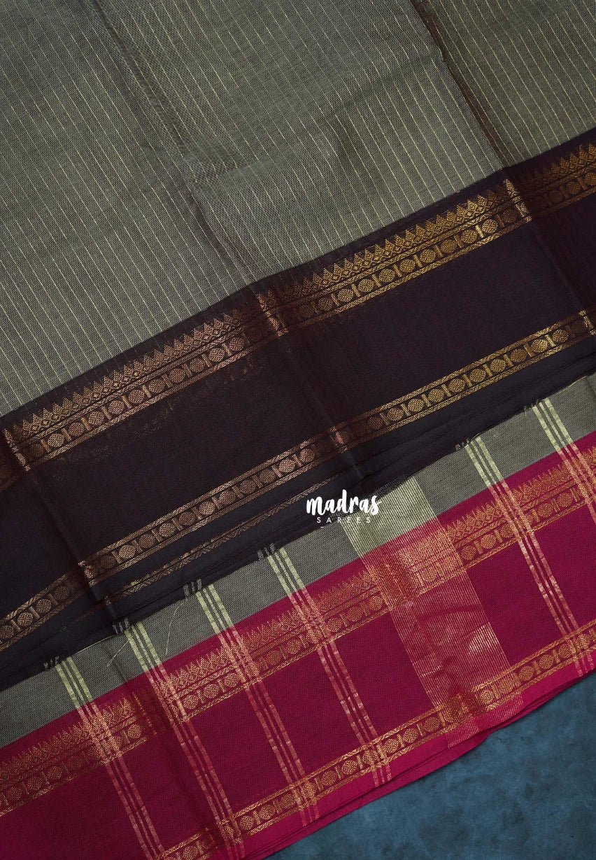 Pepple Grey - Karthigai Mercerised Cotton Saree Zari Stripes with Ganaga Jamuna Border - Best for Temple Visit | Pooja Funtions