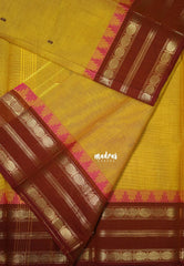 Mustard Yellow - Karthigai Mercerised Cotton Rudraksham and Temple Border with Buttas - Best for Temple Visit | Pooja Funtions