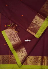 Coffee Brown - Karthigai Mercerised Cotton Body Mango Border with Buttas - Best for Temple Visit