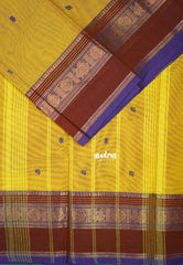 Lemon Yellow - Karthigai Mercerised cotton Multiline with Mayil Border and Buttas - Best for Pooja Functions