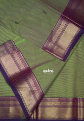 Purple Shade Green - Karthigai Mercerised Cotton Bavanji Flower Border with Buttas - Best for Pooja Funtions | Temple Visit