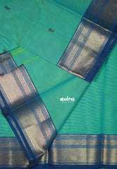 Aqua Green&Mango Buttas - Karthigai Mercerised Cotton Bavanji Flower Border with Buttas - Best for Pooja Funtions | Temple Visit