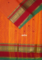 Orange - Karthigai Mercerised cotton Multiline with Mayil Border and Buttas - Best for Pooja Functions
