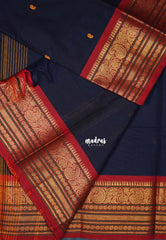 Navy Blue & Red - Karthigai Mercerised cotton buttas with mango and floral border - Best for Wedding Functions