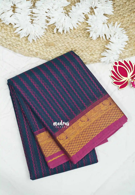 Premium Karthigai silk cotton neli stripes body with rich pallu - Navy blue