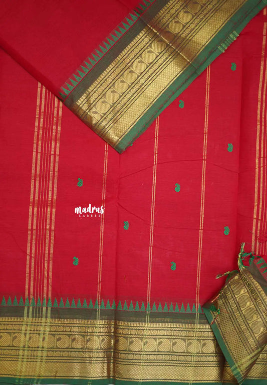 Karthigai silk cotton getti zari with mango border - Cherry red