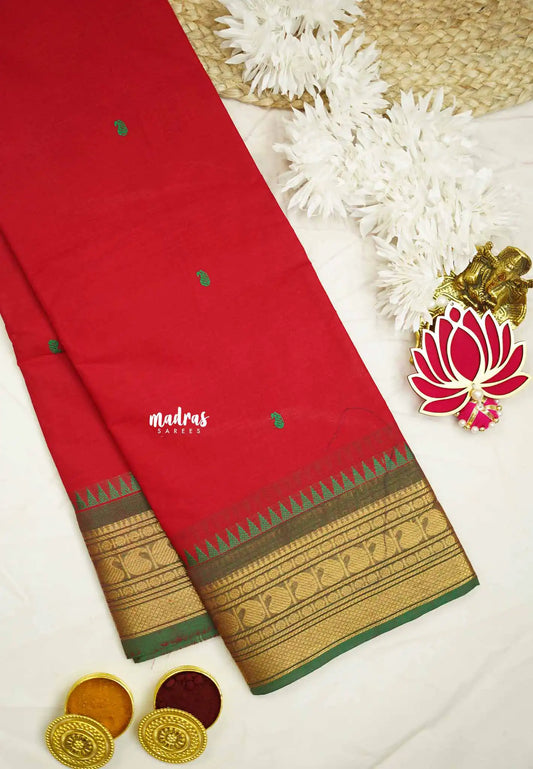 Karthigai silk cotton getti zari with mango border - Cherry red