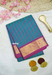 Premium Karthigai silk cotton neli stripes body with rich pallu - Dual shade blue with pink