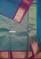 Premium Karthigai silk cotton neli stripes body with rich pallu - Dual shade blue with pink