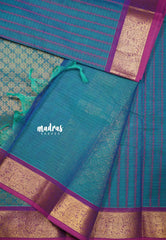 Premium Karthigai silk cotton neli stripes body with rich pallu - Dual shade blue with pink