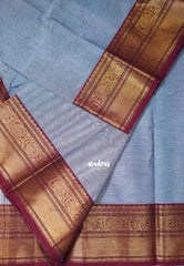 Bluish Grey - Karthigai Mercerised cotton bavanji floral border with buttas - Best for Pooja Wear | Festive Wear