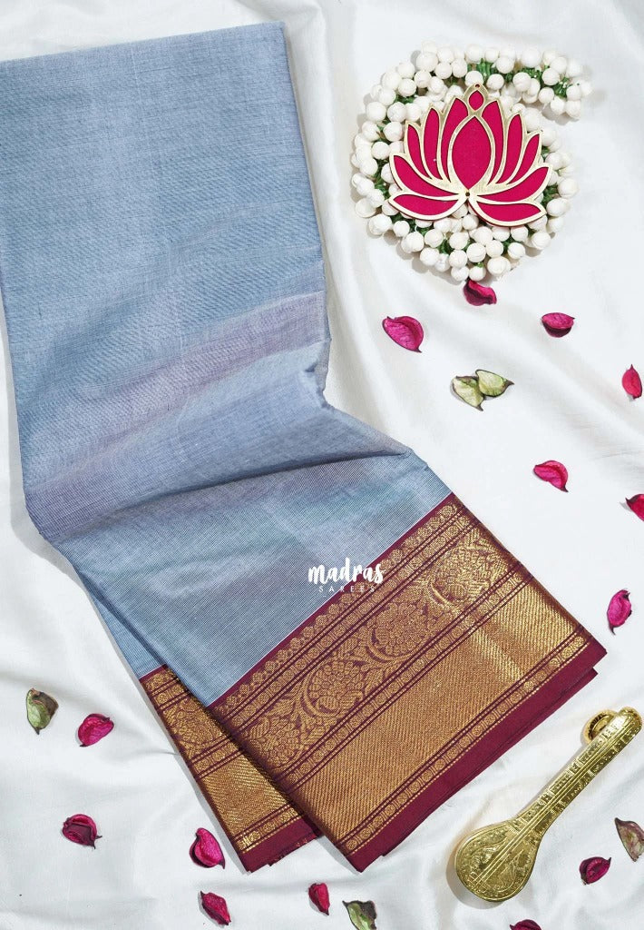Bluish Grey - Karthigai Mercerised cotton bavanji floral border with buttas - Best for Pooja Wear | Festive Wear