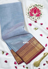 Bluish Grey - Karthigai Mercerised cotton bavanji floral border with buttas - Best for Pooja Wear | Festive Wear