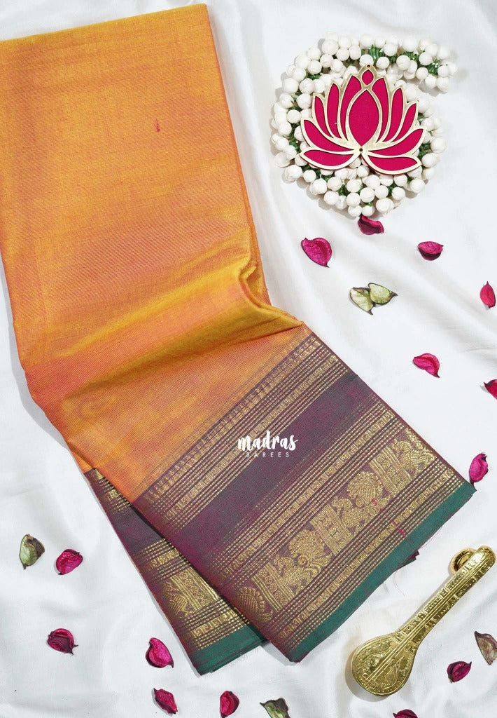Dual Shade Yellowish Orange - Karthigai Mercerised Cotton Mayil, Rudraksham Border - Best for Pooja Wear | Festive Wear