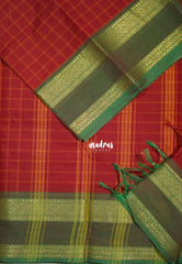 Brick Red - Karthigai silk cotton Big Muthu Kattam Checks with Rettapeta Border - Best for Festive Wear | Temple Visit