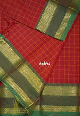 Brick Red - Karthigai silk cotton Big Muthu Kattam Checks with Rettapeta Border - Best for Festive Wear | Temple Visit