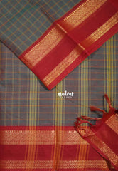 Bluish Grey - Karthigai silk cotton Big Muthu Kattam Checks with Rettapeta Border - Best for Festive Wear | Temple Visit