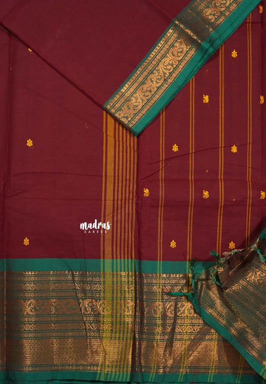 Maroon - Karthigai silk cotton big Bavanji copper border with buttas
