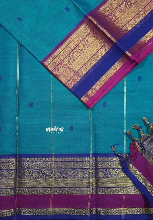 Dual shade Peacock Blue - Karthigai silk cotton with buttas Ganga Jamuna multiborder
