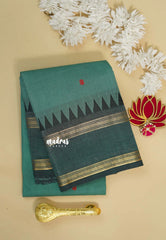 Muted Peacock Blue - Karthigai silk cotton rettapet temple border with buttas