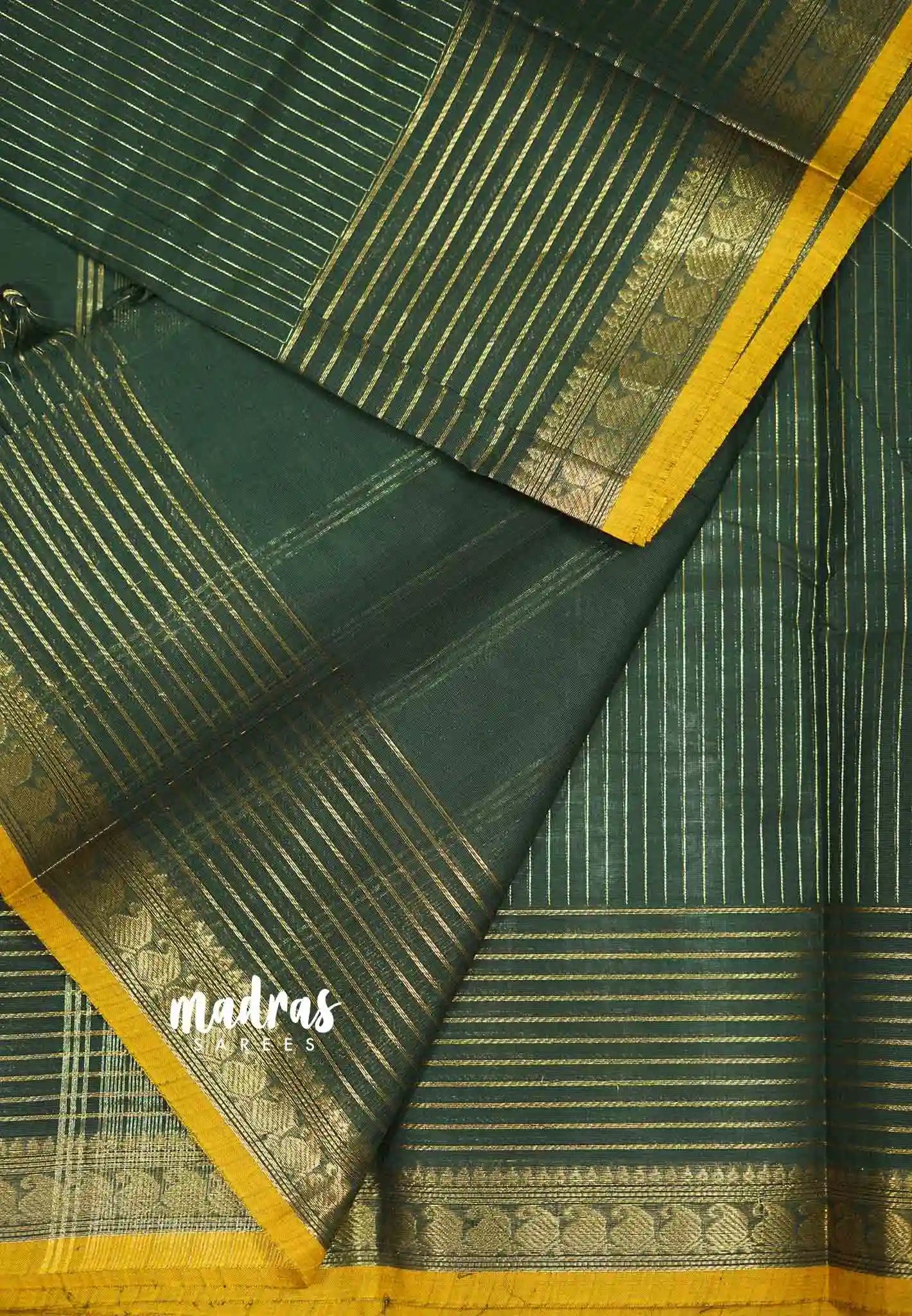 Karthigai Silk Cotton With Golden Stripes Weaving - Deep Green – Madras 