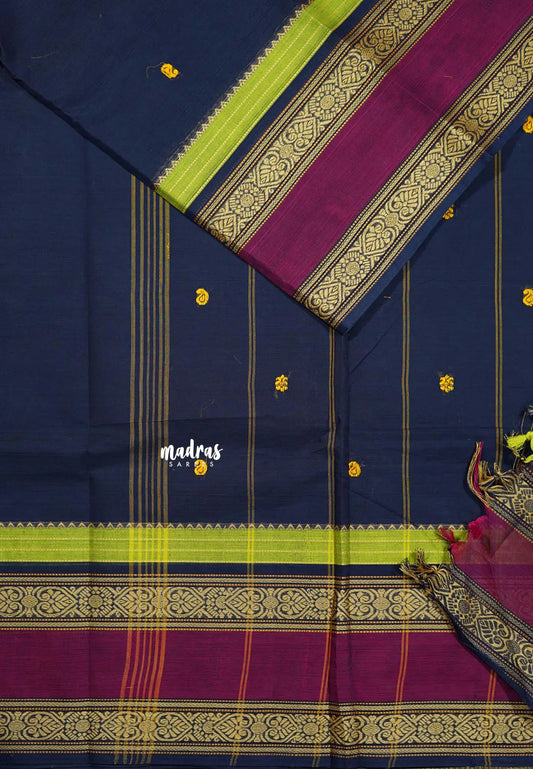 Navy Blue - Karthigai silk cotton full thread weaving rettapet border