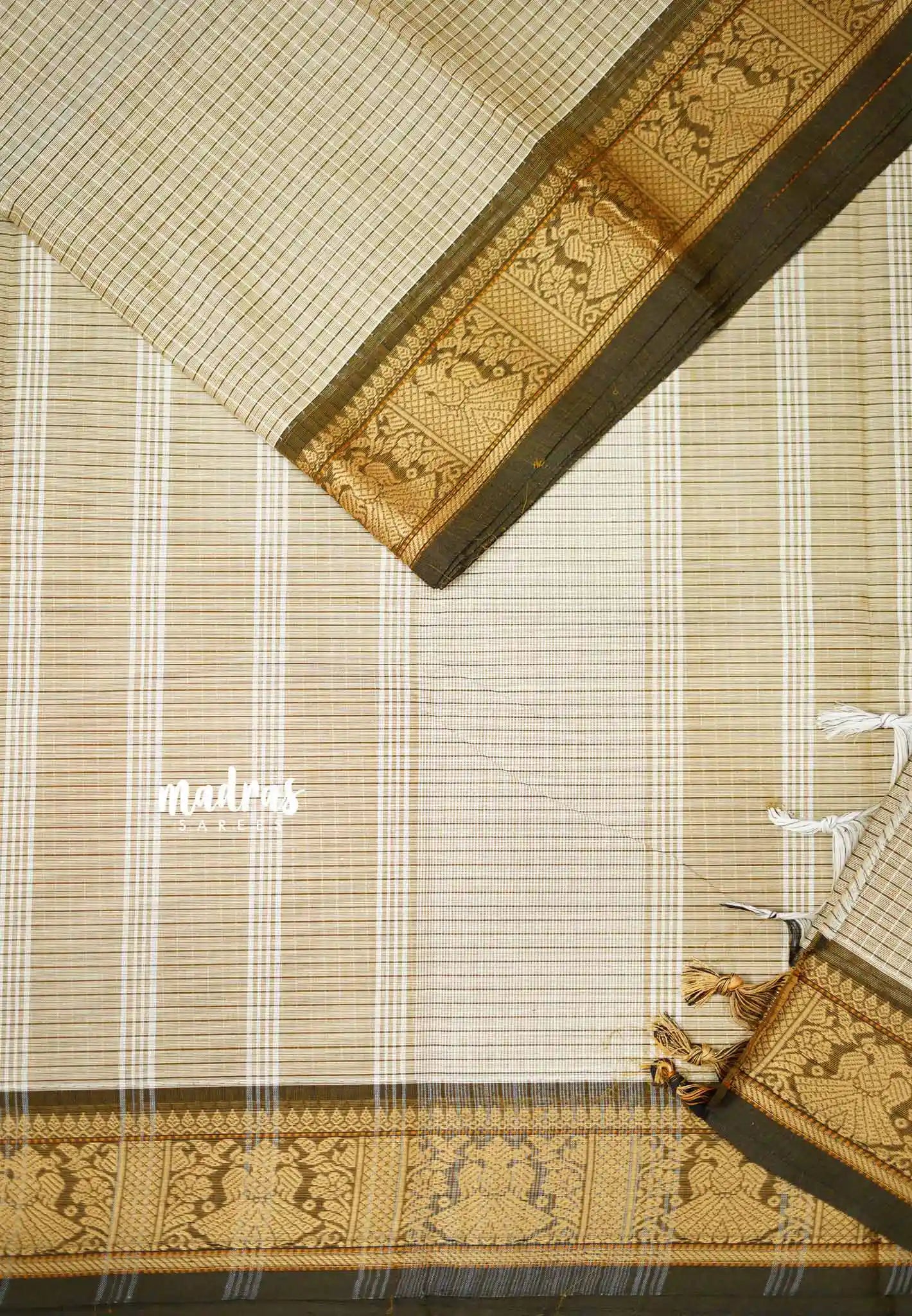 Karthigai silk cotton kattam body thread border Beige Madras Sarees
