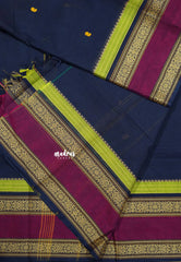 Navy Blue - Karthigai silk cotton full thread weaving rettapet border