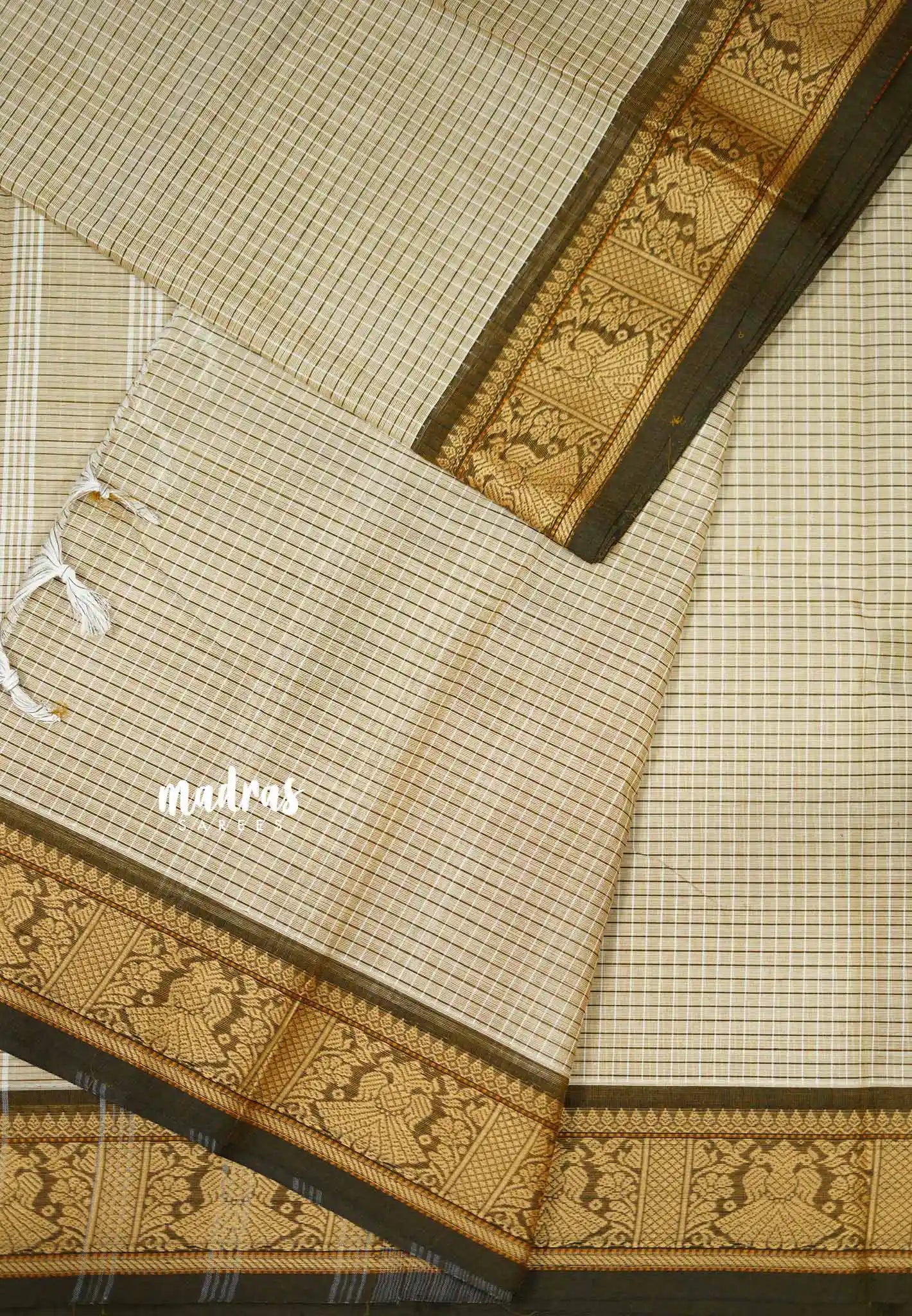 Karthigai silk cotton kattam body thread border Beige Madras Sarees