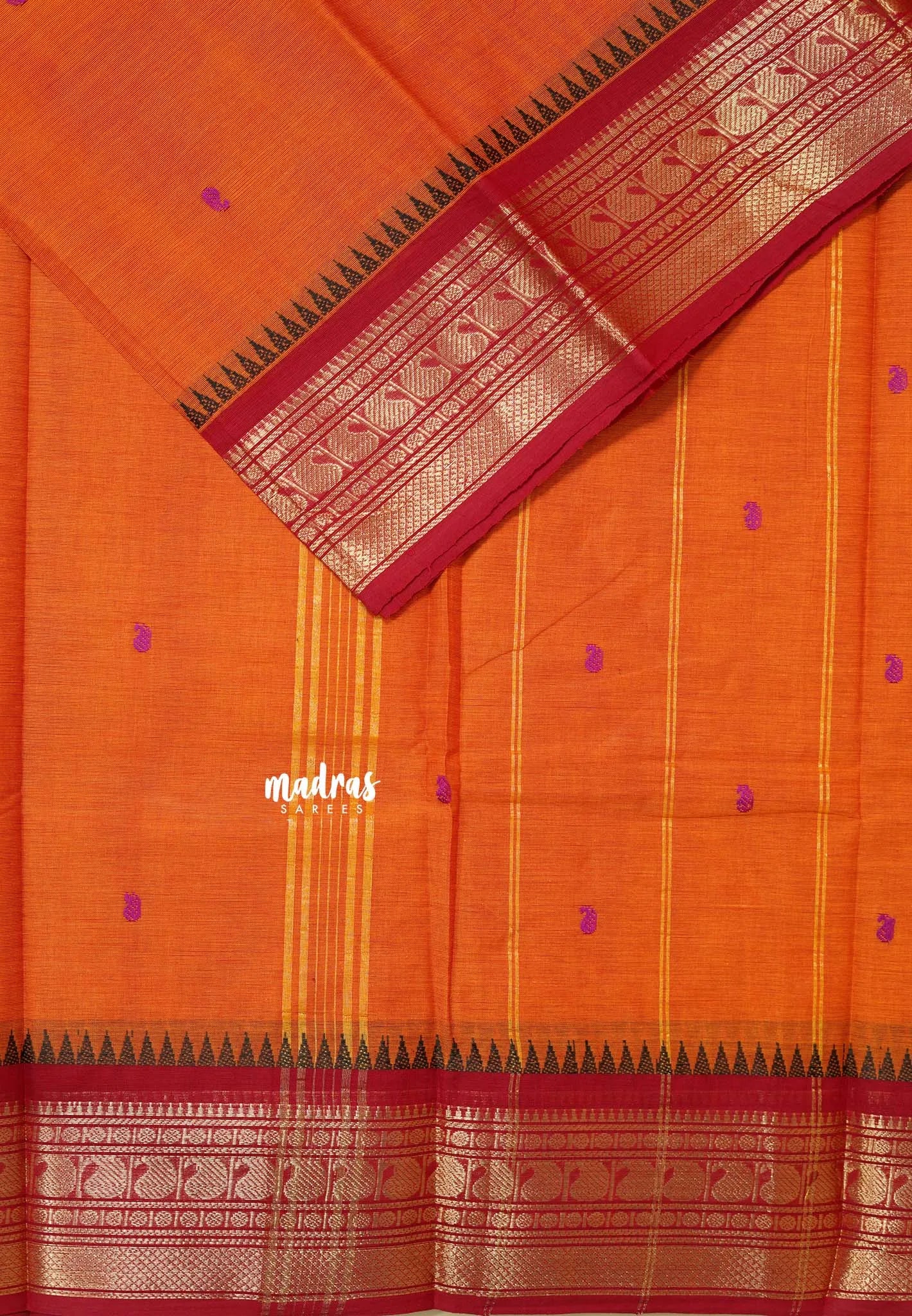 Sunset Orange - Karthigai silk cotton Saree Bavanji and Mango border with buttas