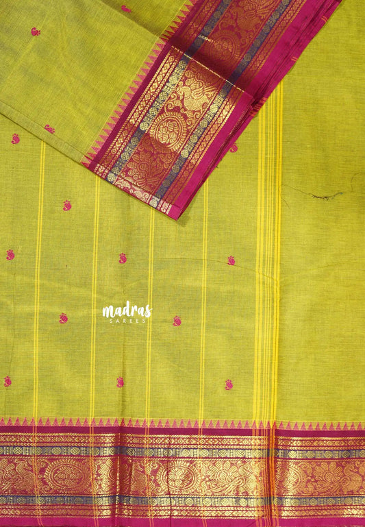 Dual shade Chutney Green - Karthigai silk cotton temple sculpture border with Buttas