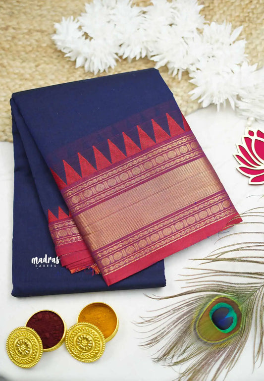 Karthigai silk cotton rettapet and temple border - Deep blue