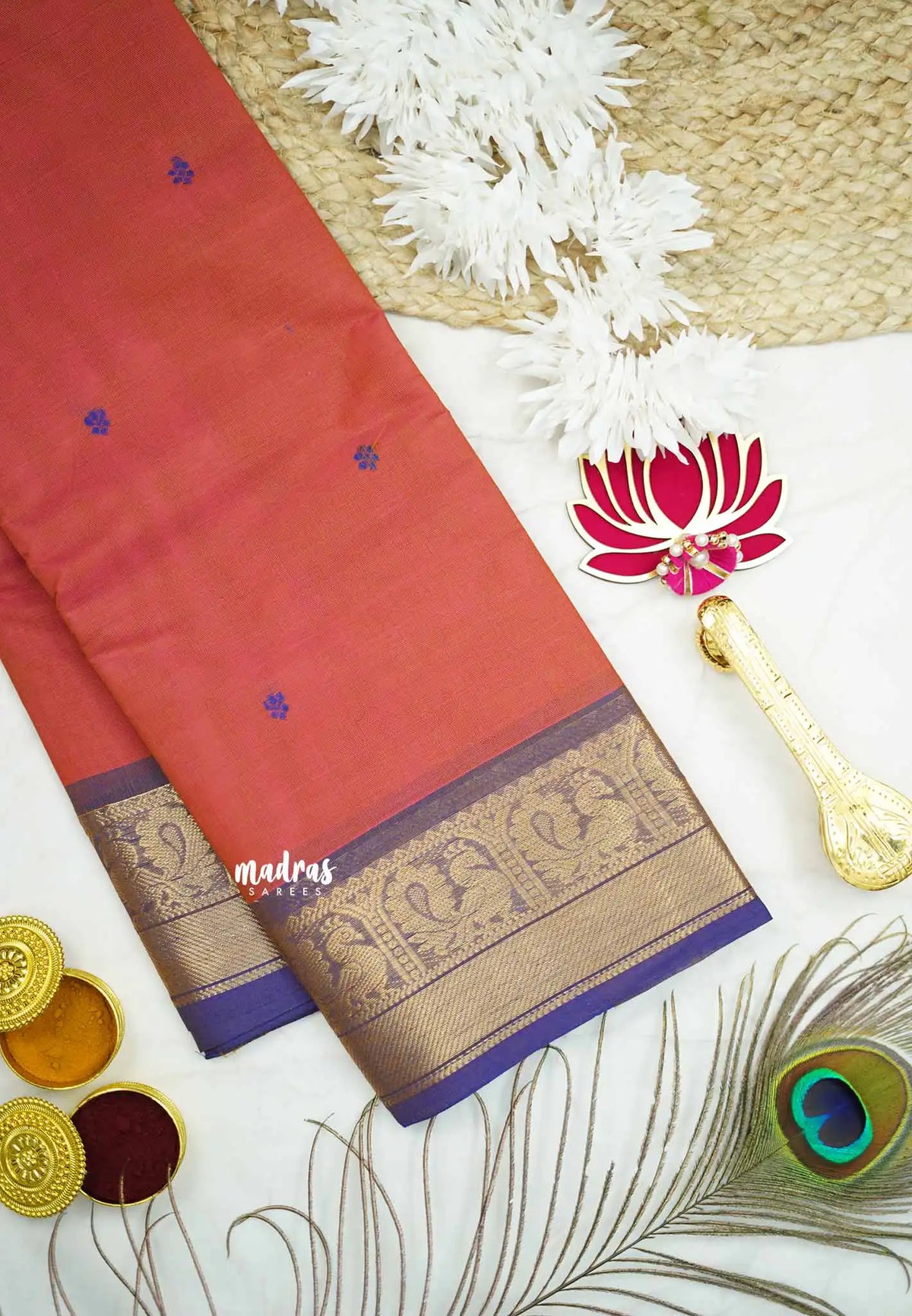 Karthigai silk cotton mayil border - Peach pink