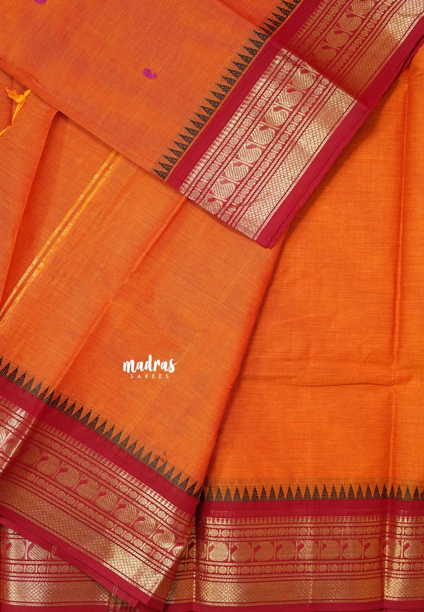 Sunset Orange - Karthigai silk cotton Saree Bavanji and Mango border with buttas